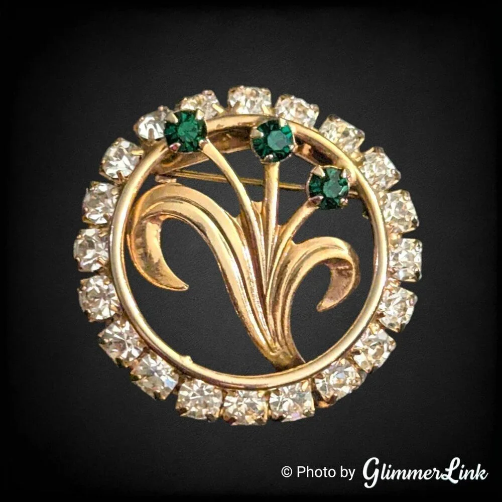 Vintage Mid Century Gold Tone Floral Clear & Green Rhinestone Circle Brooch